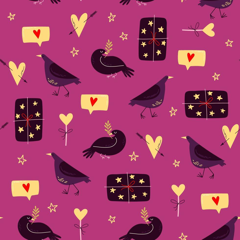 Seamless vector pattern with funny birds and hearts. Romantic love illustration for textile, fabric, backrgound, wrapping