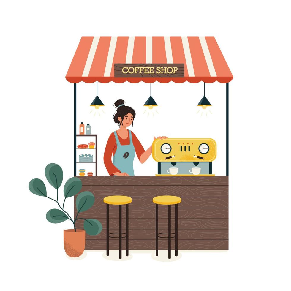 Stall Counters. Coffee and cake shop concept. Woman wearing apron at the counter vector