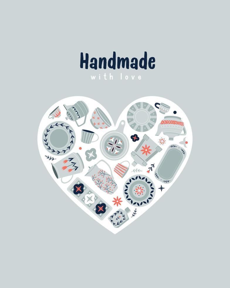 Heart-shaped card. Ceramic kitchenware. Handmade Pottery with love print, poster for studio or shop vector
