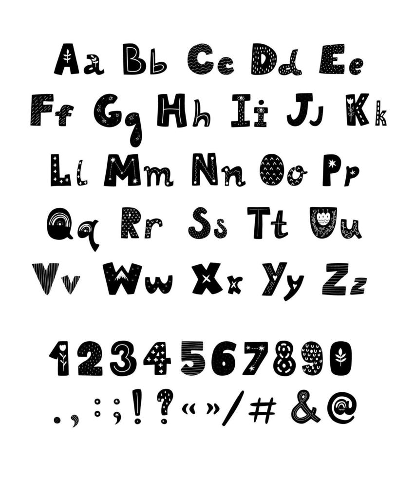 Vector Scandinavian style alphabet, . Black and white nursery poster with hand drawn letters, numbers and symbols. Abc