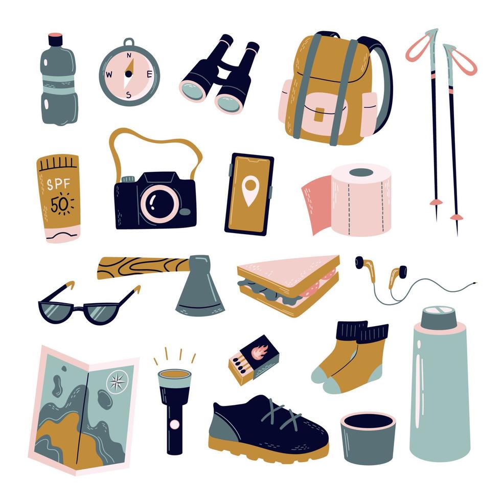 paquete senderismo camping, trekking y mochilero. colección de artículos para turismo o viaje mochila, mapa, botas, bastones de trekking, termos, papel higiénico, binoculares, etc. vector