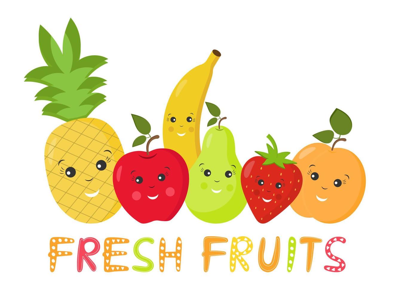 Collection of fresh smiling fruits. Set of cute smiling funny childish fruits. Banana, apple, pear, cherry, strawberry, apricot. Design for children's stationery, textiles, educational materials. vector
