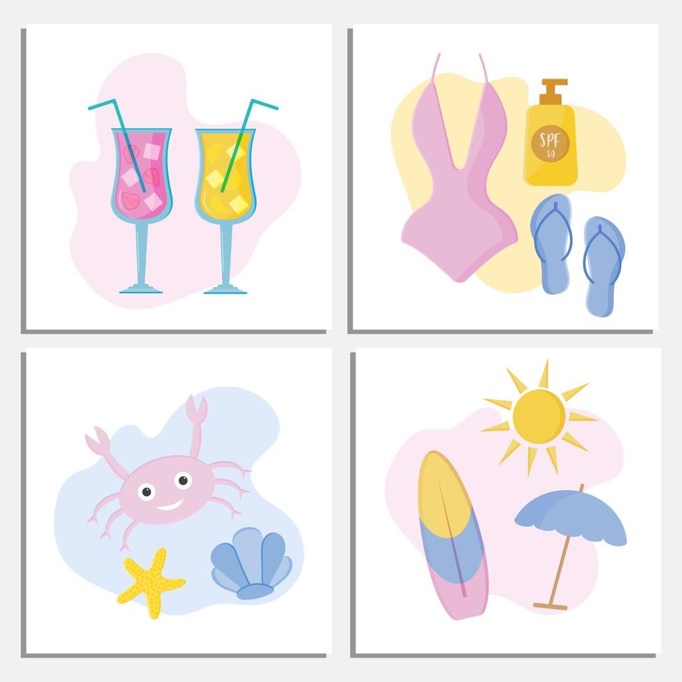 conjunto de tarjetas de verano y afiches con helados, cócteles, mar, elementos de playa. plantillas para el diseño de historias de medios sociales, fondos de verano. adecuado para postales, invitaciones a fiestas en la playa. vector