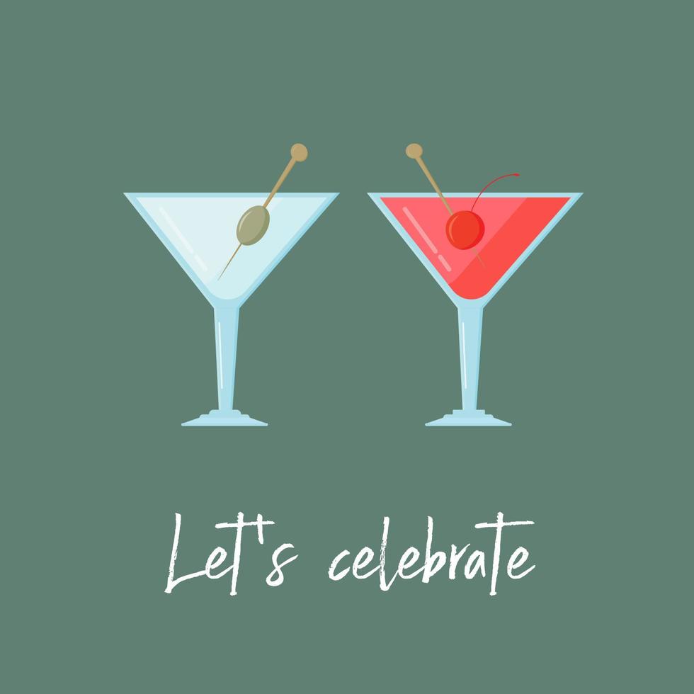 dos copas de martini y cócteles cosmopolitas y una inscripción celebremos. Linda ilustración de moda para invitación a la fiesta, diseño de bar. vector