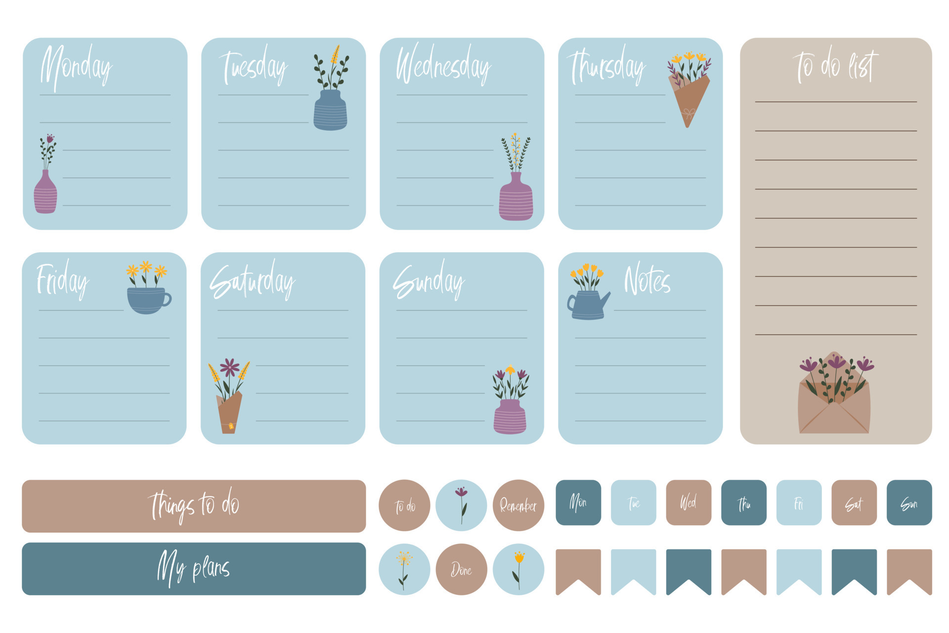 Cute weekly planner, to do list and notes template. Note paper and stickers set with flowers in