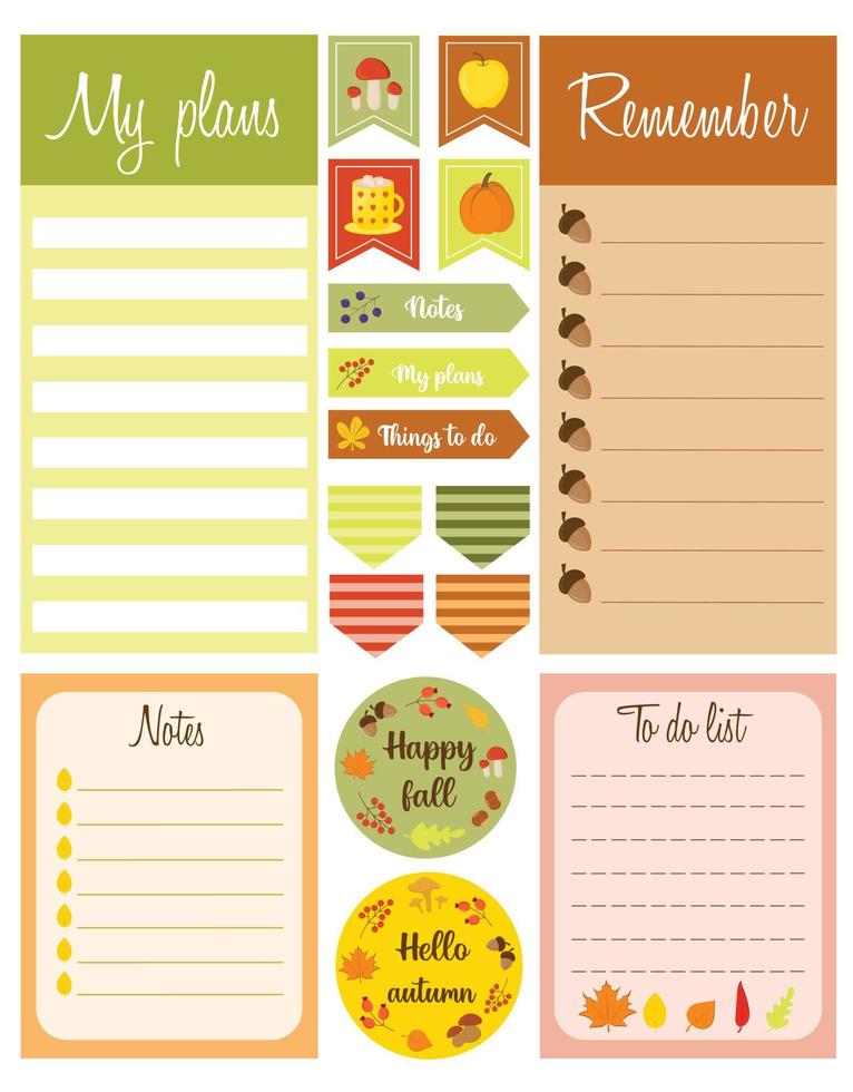 Templates for planners, to do lists, stickers in autumn style. Note paper and stickers set with autumn elements. My plans, don't forget, notes templates for agenda, schedule, planners, checklists. vector