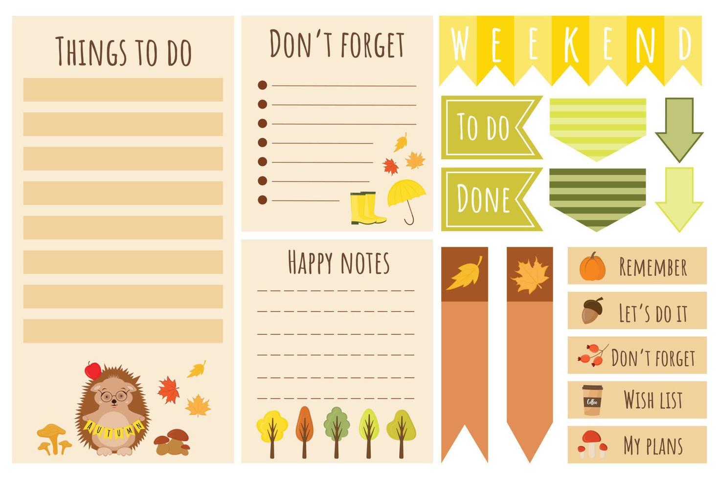 Collection of weekly or daily planner, note paper, to do list, stickers templates with autumn elements. Cute cozy stationery set. Suitable for kids. Autumn diary planners, paper notes, to do lists. vector