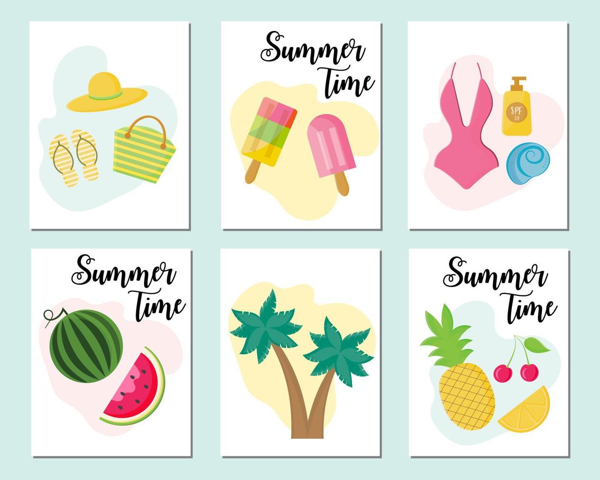 Set of cute hello summer cards and posters with fruits, watermelon, ice cream, cocktails, beach accessories, summer attributes and with hand drawn lettering typography words. Gift tag, card, postcard. vector