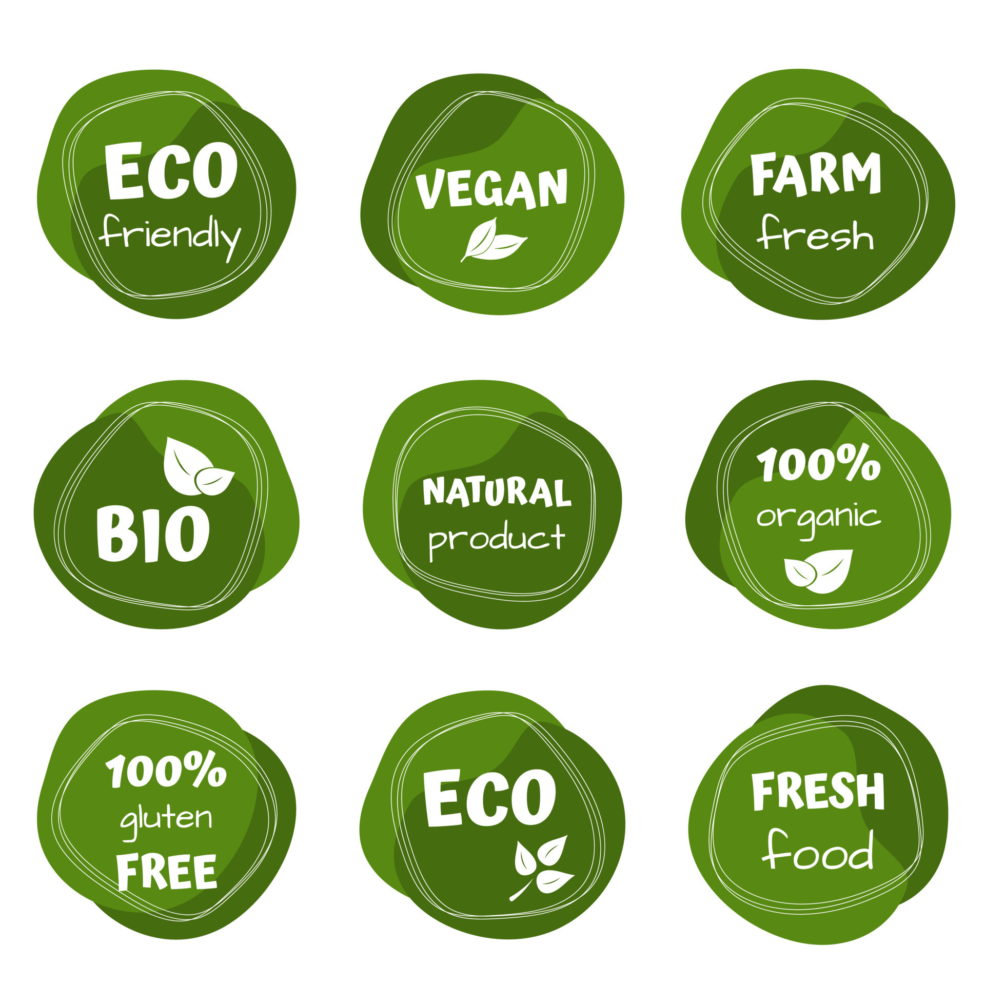 Eco, bio, vegan food stickers template, logo with leaves for organic