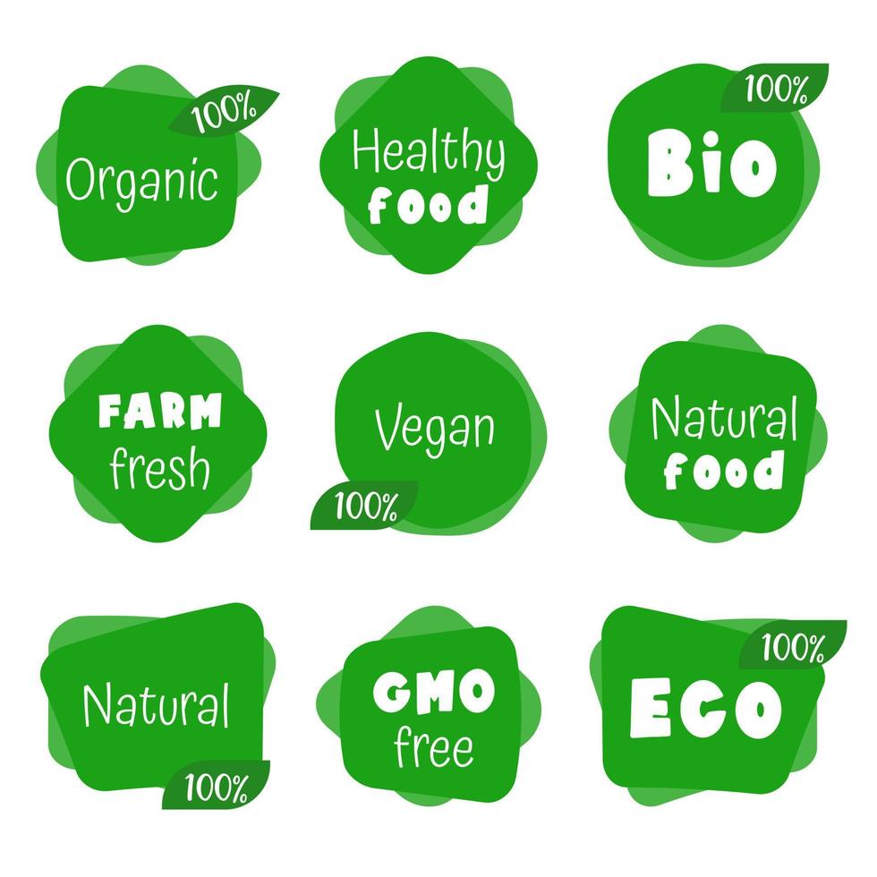 eco, bio, plantilla de pegatinas de comida vegana, logotipo con hojas para productos orgánicos y ecológicos. pegatinas ecológicas para etiquetar paquetes, alimentos, cosméticos. estilo dibujado a mano para productos bio, ecológicos y libres de transgénicos. vector