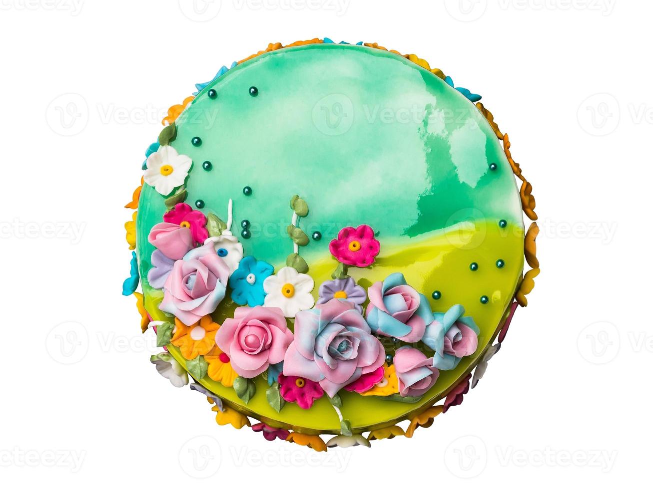 Top view Lemon jam and Green apple jam cake decorations with Colorful Icing fruits photo