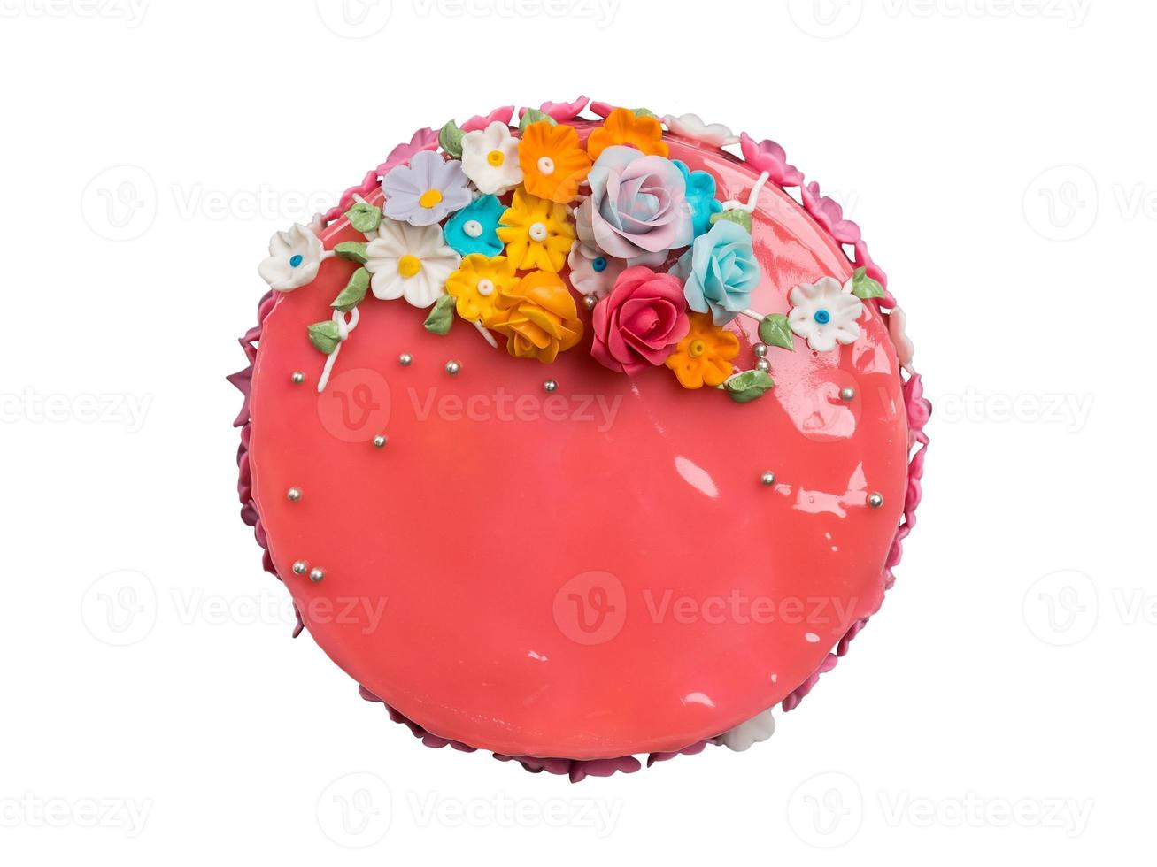 Top view Cake Strawberry jam decorations with Icing fruits photo