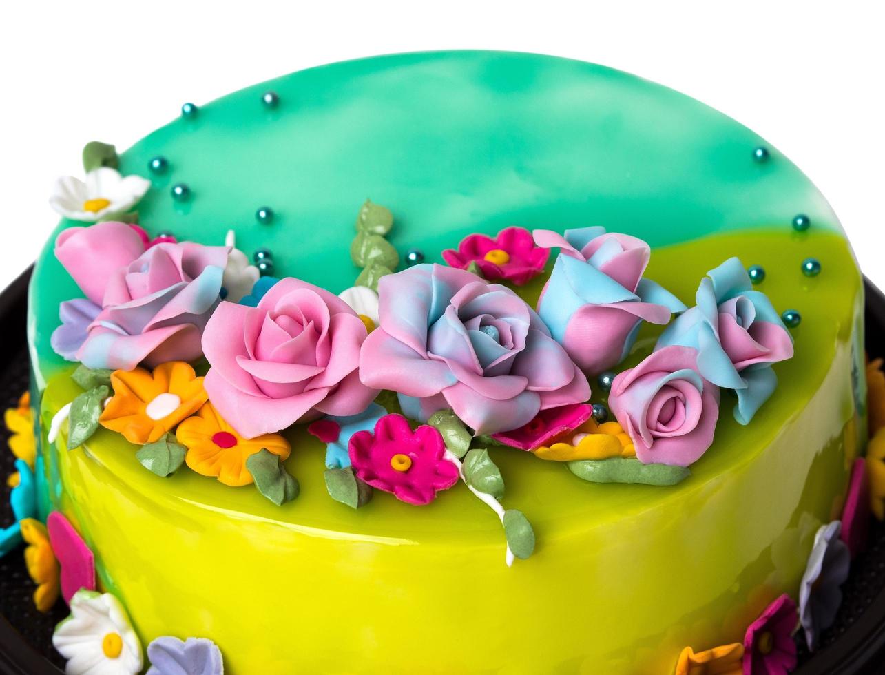 Closeup Lemon jam and Green apple jam cake decorations with Colorful Icing fruits photo