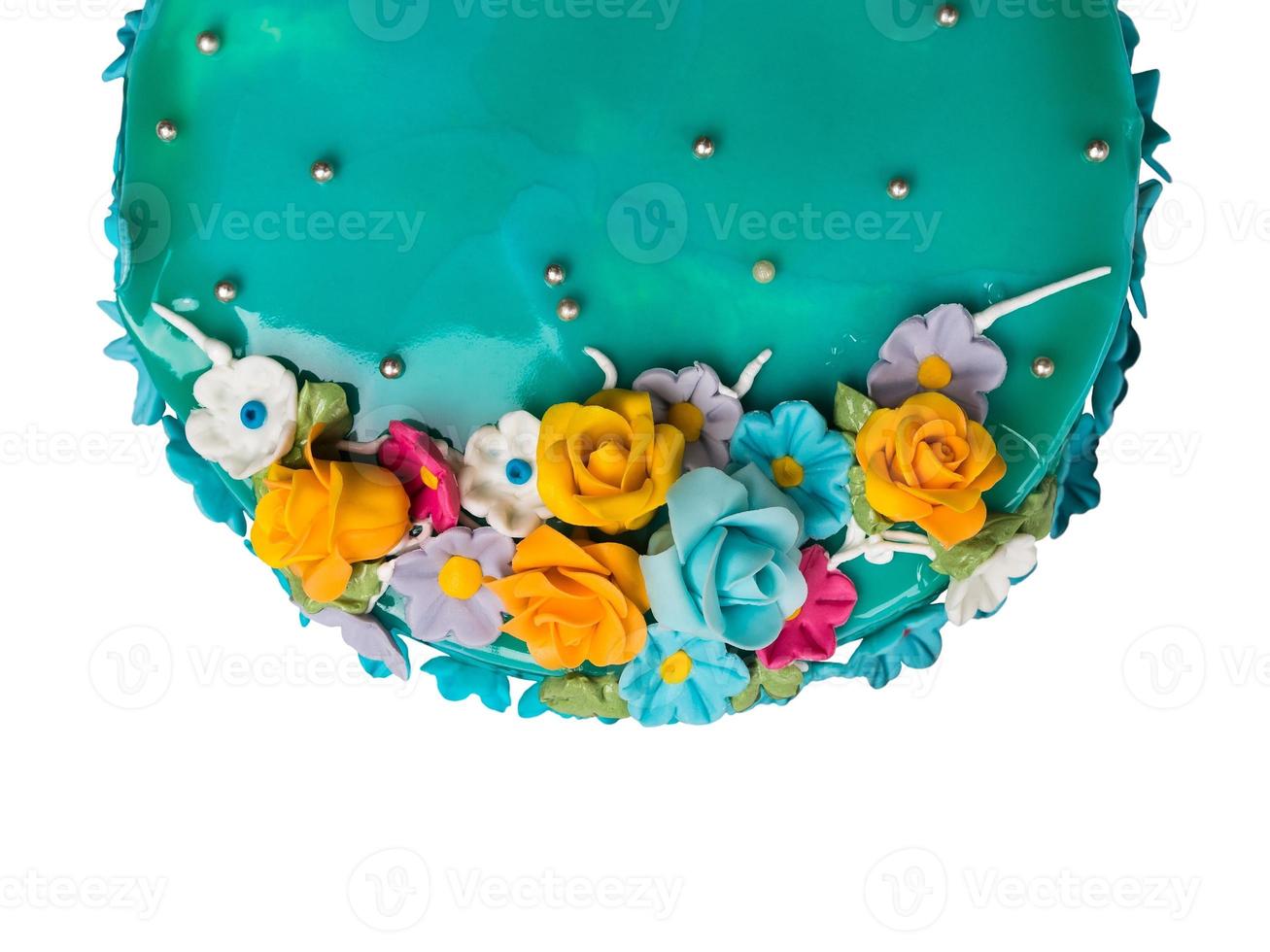 Top view Closeup Blue ocean jam cake decorations with Colorful Icing fruits photo