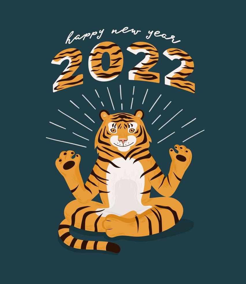 Cute cartoon tiger sitting in lotus pose. Chinese  Symbol of new year 2022. Greeting poster with yoga meditation vector