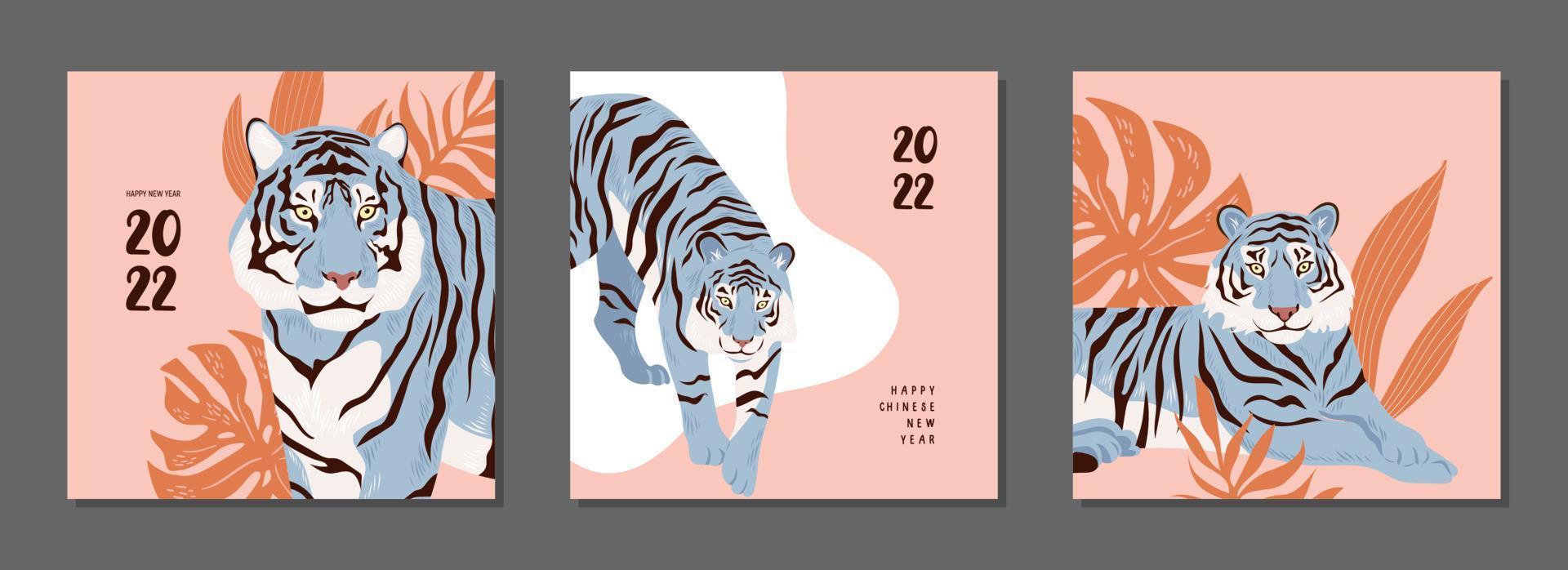 Chinese New Year. Tigers set of modern greeting card. Symbol of 2022 vector