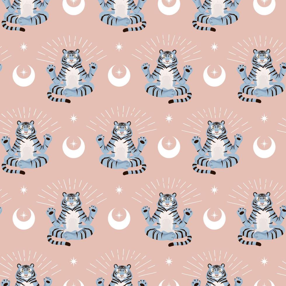 Seamless pattern with blue tigers sitting in lotus pose. Yoga, meditation, enlightenment background. vector