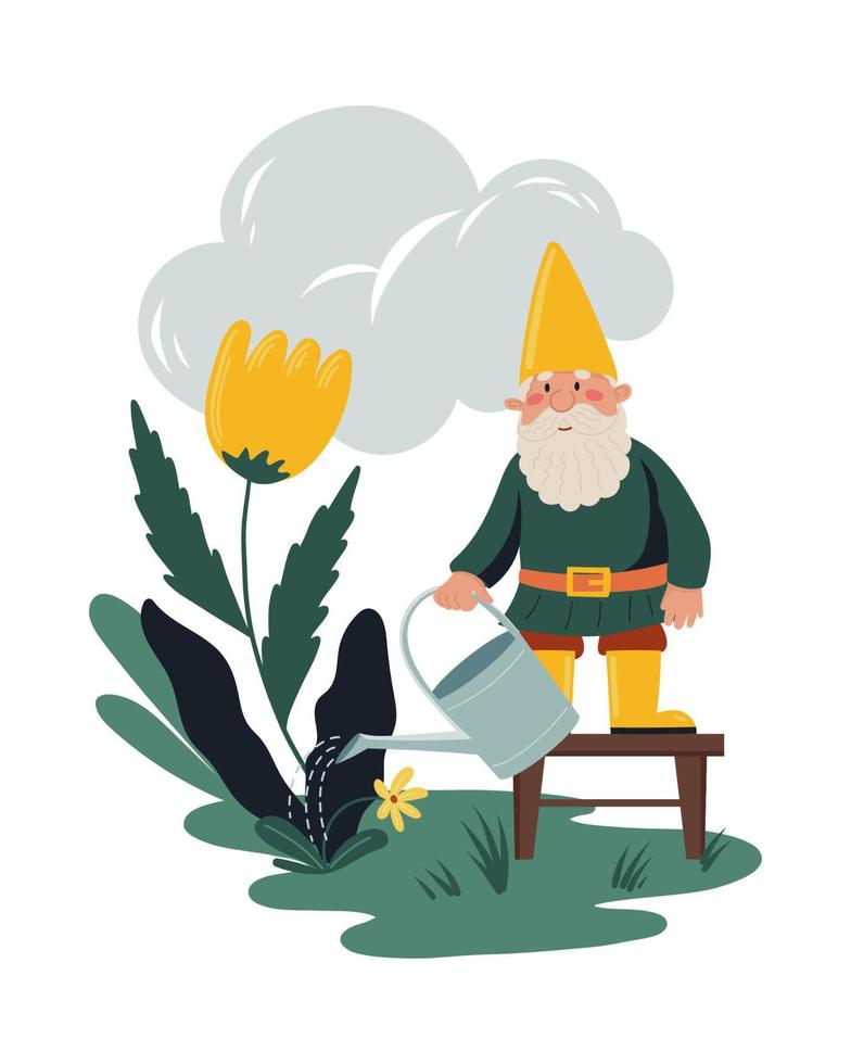 Little gnome or dwarf waters a flower from a watering can. Cute children's illustrations vector