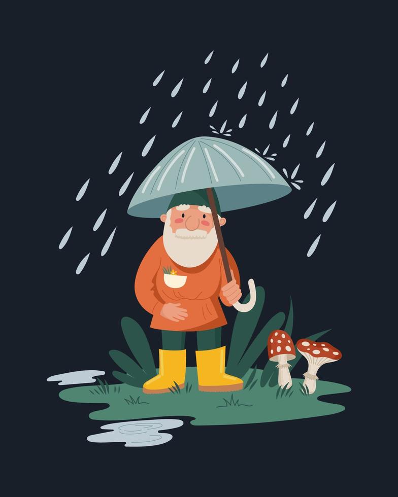 pequeño gnomo o enano con paraguas bajo la lluvia. lindas ilustraciones infantiles vector