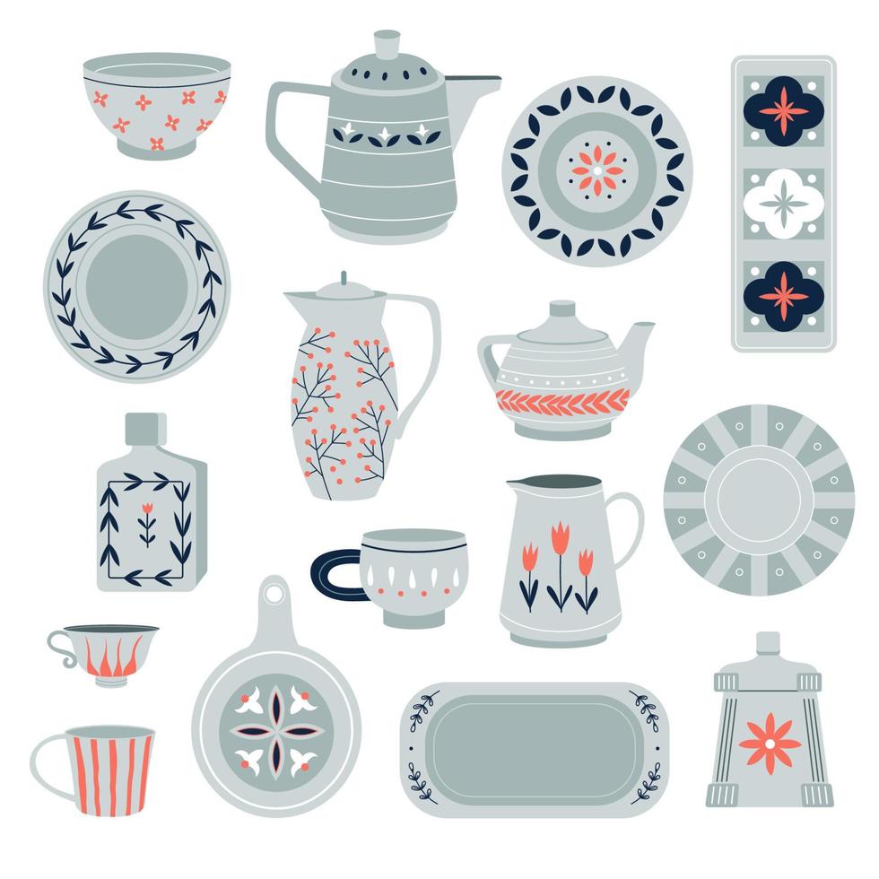 Ceramic kitchenware set. Handmade pottery. Porcelain plates, cups, teapots, jugs, bowls. Decorative crockery vector