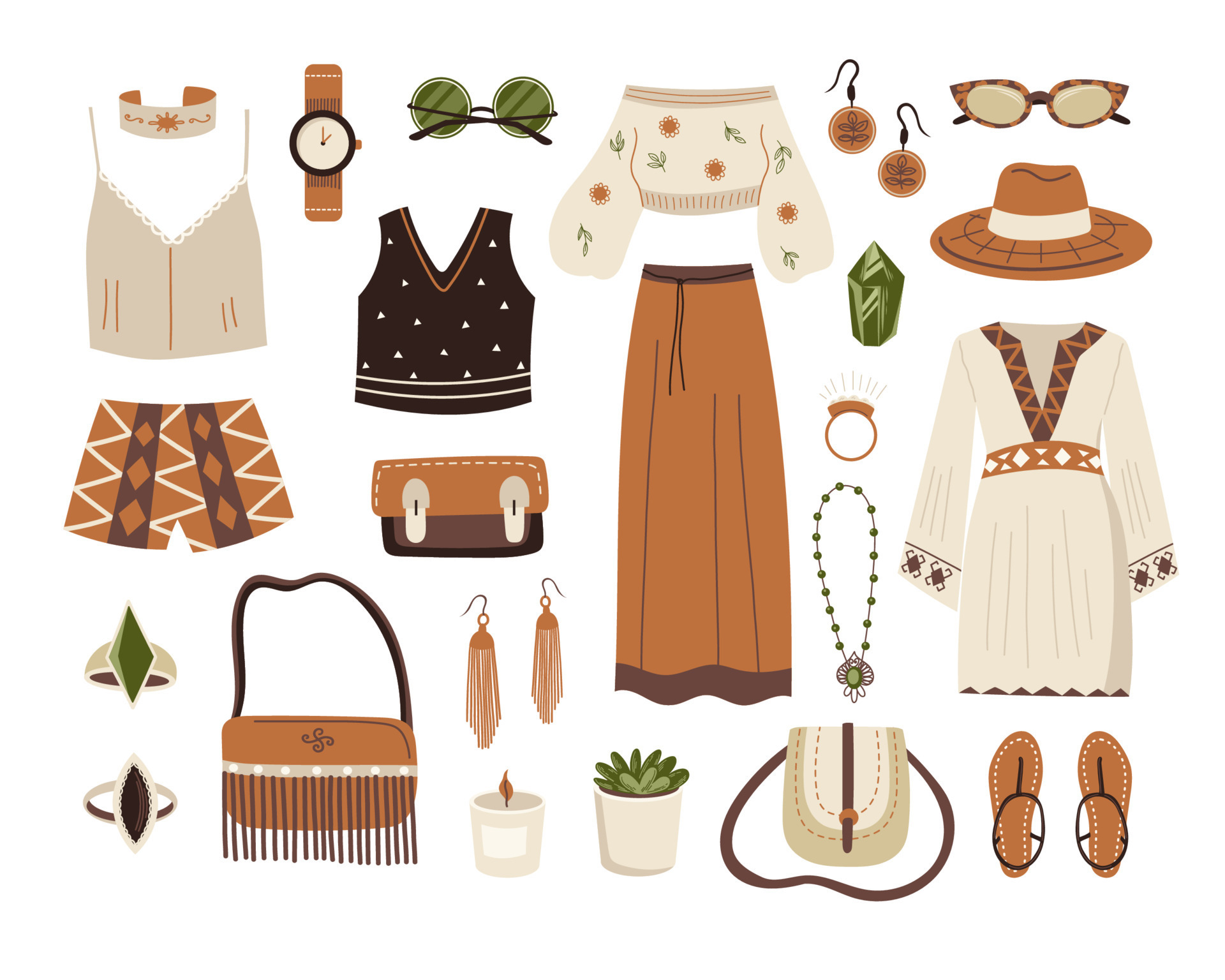 Boho outfit set. Bohemian style fashion look. Bundle of Different element,  hat, bags, sandals, sun glasses, accessories, clothes with ethnic motives  7588843 Vector Art at Vecteezy