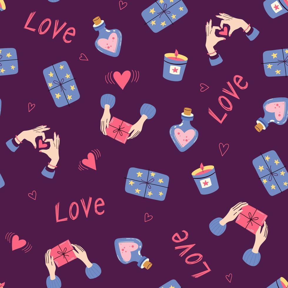 Seamless vector pattern with hearts, gifts, love potion and hands. Romantic love illustration for textile, fabric, backrgound, wrapping. Valentines day