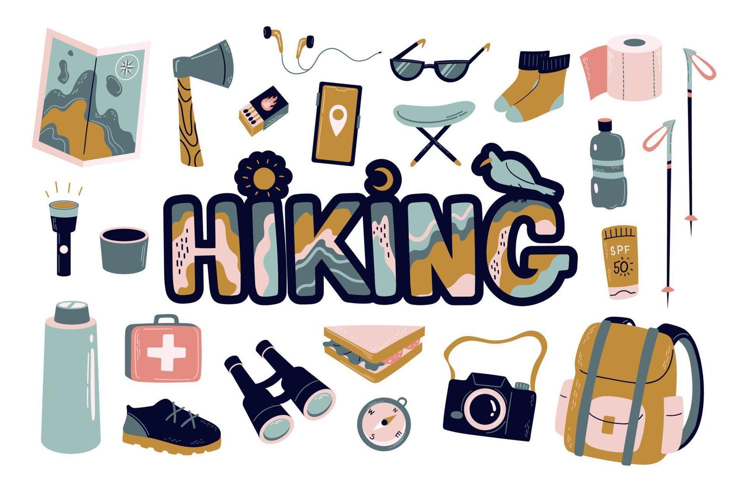 Sticker pack Bundle hiking camping, trekking and backpacking. Collection of items for tourism or travel backpack, map, boots, trekking sticks, thermos, toilet paper, binoculars etc. vector