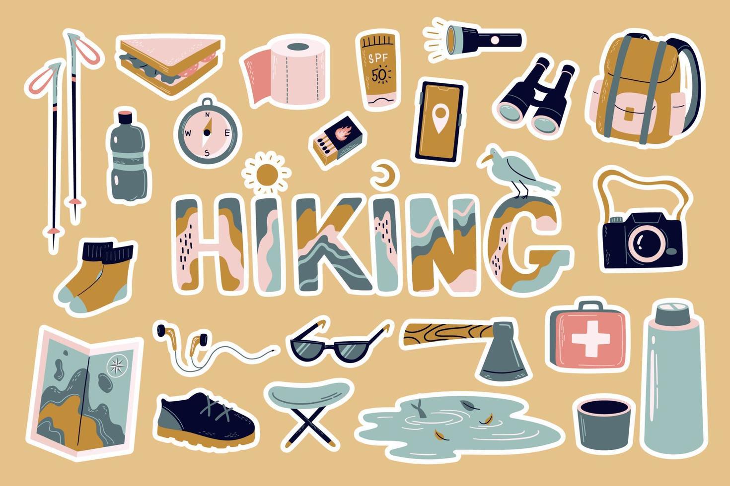 Sticker pack Bundle hiking camping, trekking and backpacking. Collection of items for tourism or travel backpack, map, boots, trekking sticks, thermos, toilet paper, binoculars etc. vector