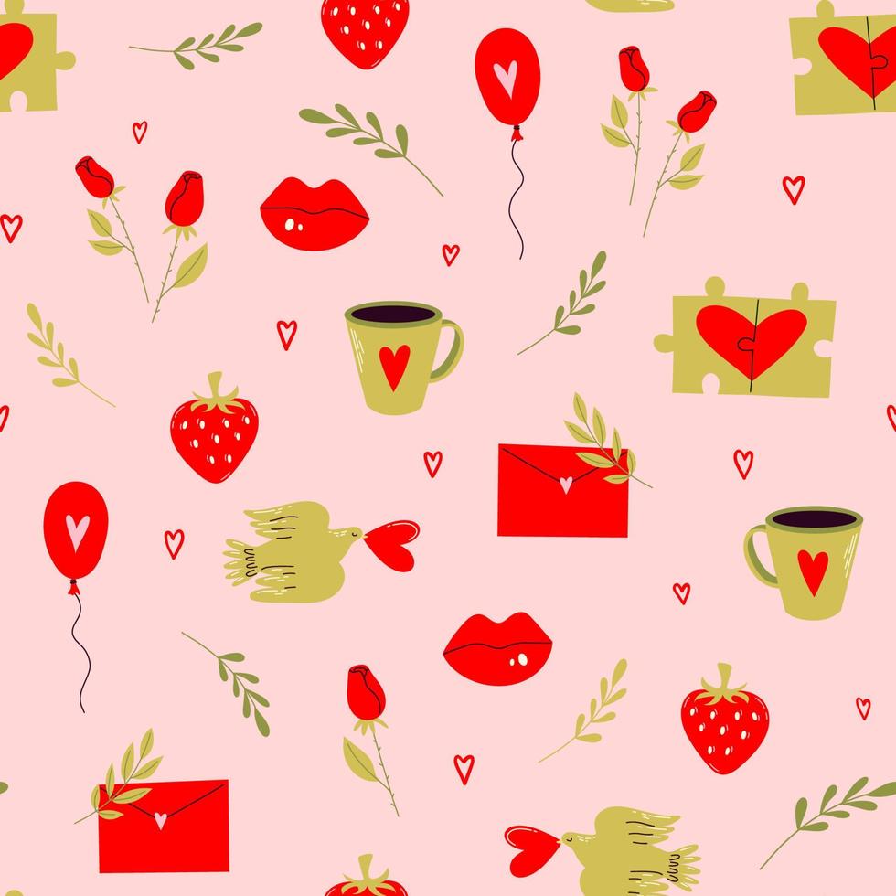 patrón de vector transparente con graciosos pájaros y corazones. ilustración de amor romántico para textil, tela, fondo, envoltura. día de San Valentín