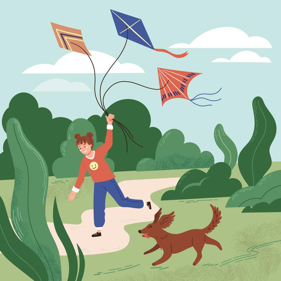 Happy little girl with flying kites and dog. The concept of having fun, playing and relaxing in the park vector