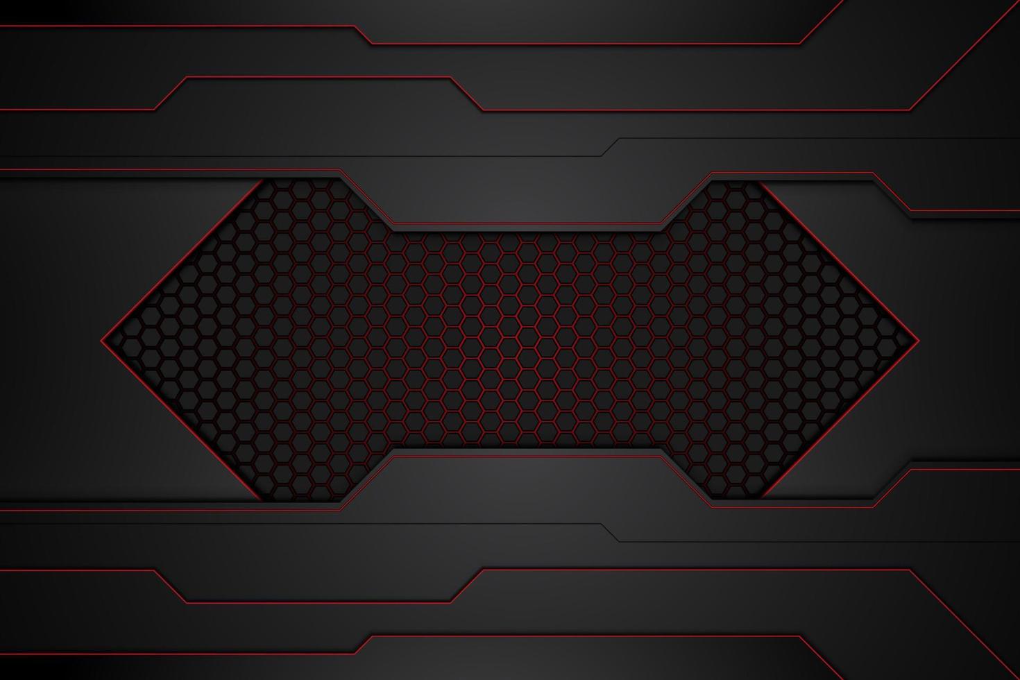 placa de metal negro y rayas rojas en contraste sobre malla de acero. fondo de diseño de tecnología moderna de plantilla. ilustración vectorial vector