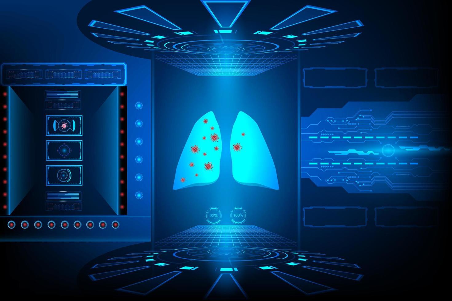 escáner infección búsqueda brote coronavirus en pulmón con investigación tecnología ai elemento de interfaz futurista diseño digital innovación fondo de alta tecnología ilustración vectorial vector