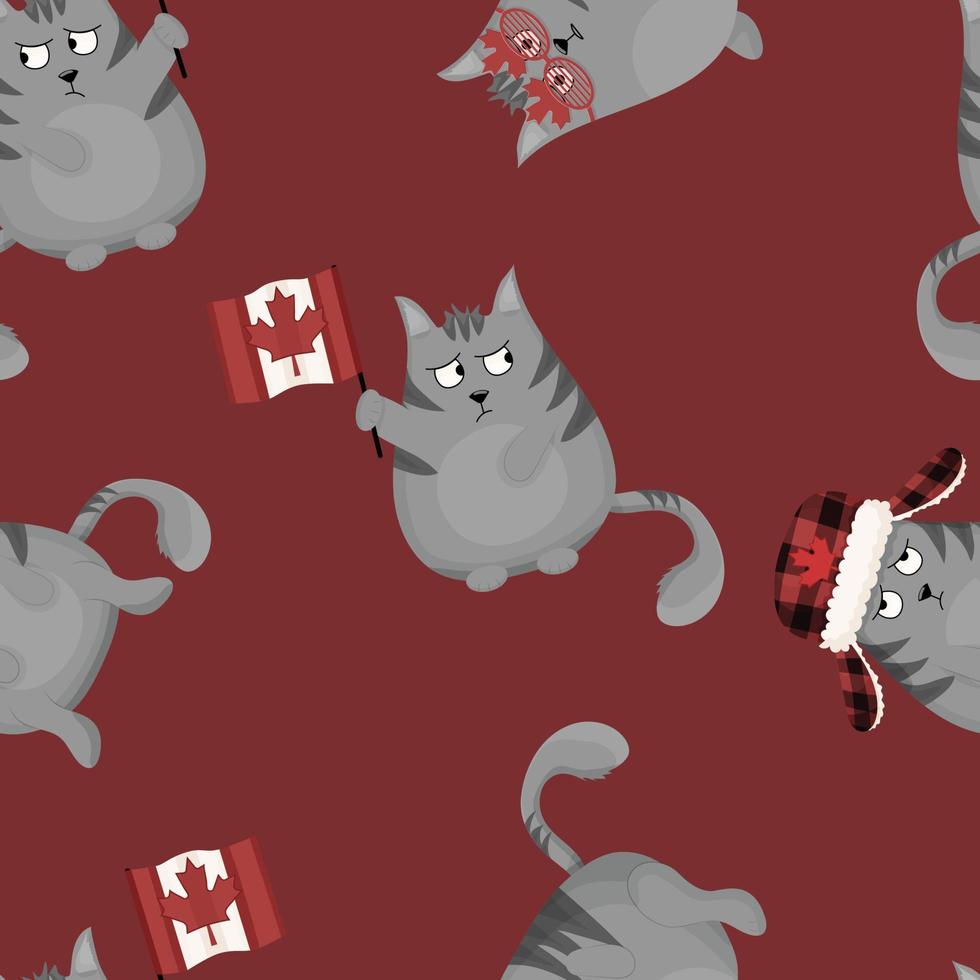 Grey Grumpy Cat on Canada Day, Seamless Pattern, Vector