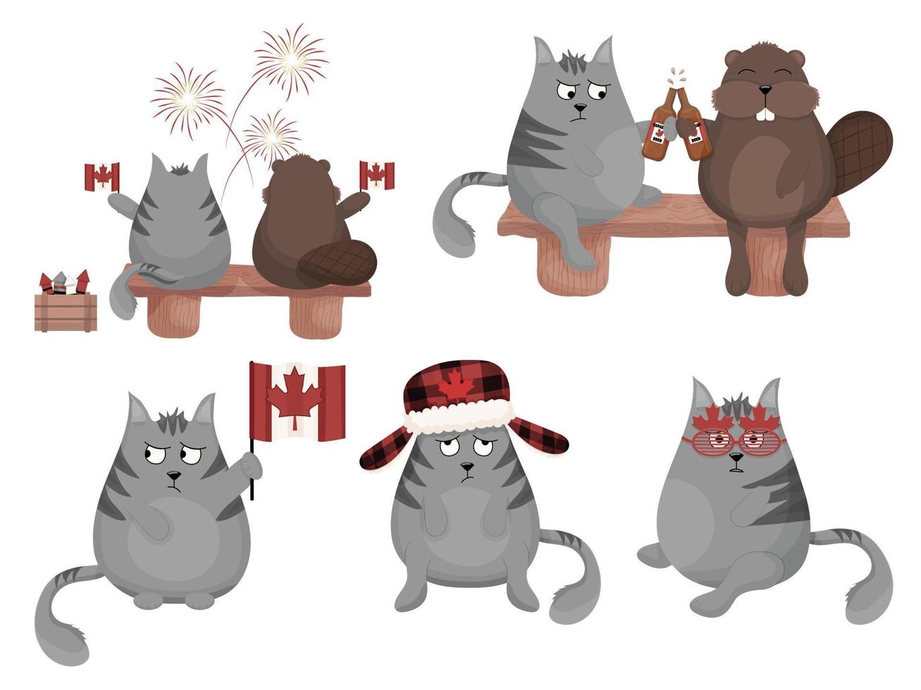gato gruñón gris y castor, colección del día de Canadá, vector