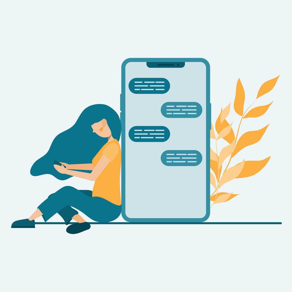 Woman with smartphone, woman sitting against big mobile phone with speech bubbles in chat, virtual relationship, premium vector