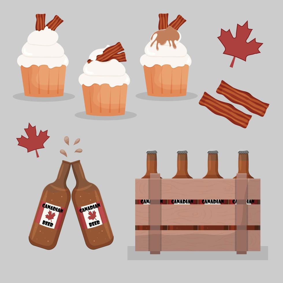 3 Cupcakes with Bacon and Maple Syrup, Bacon Strips and Beer in a Crate, Vector, Canada vector