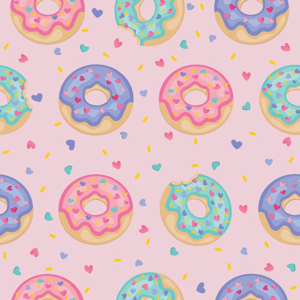 Valentine's Day Seamless Donut Pattern with Heart Sprinkles, Vector Illustration