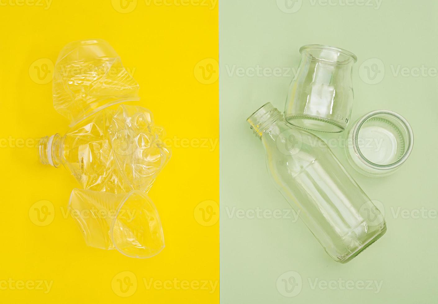 Sorting household waste for recycling. Recycling garbage concept. Top view photo