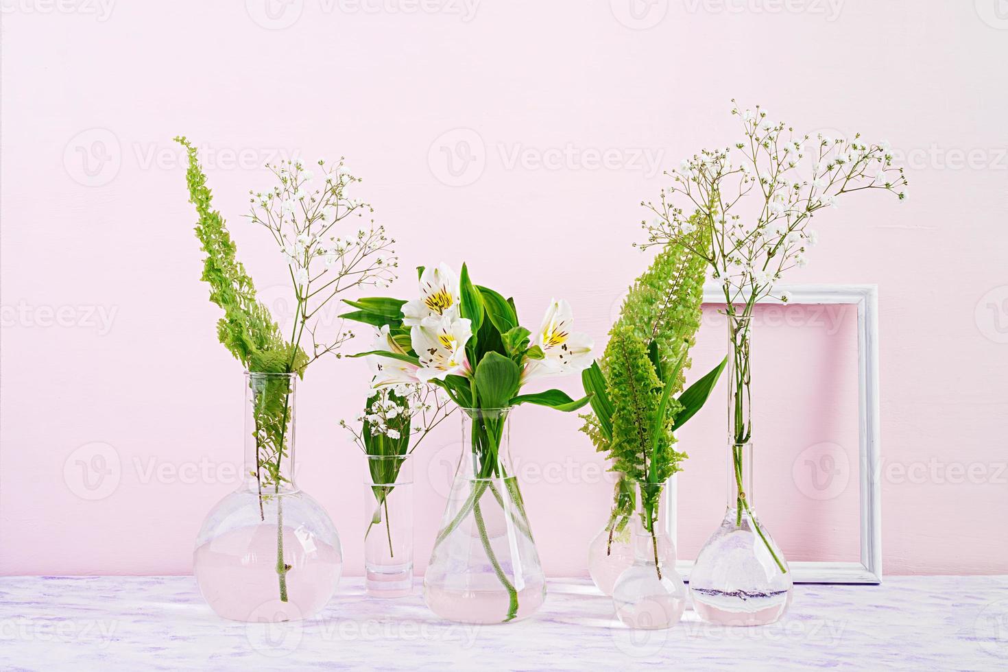 Flowers and plants in flask with frame. Beautiful spring background with flowers in vase. photo