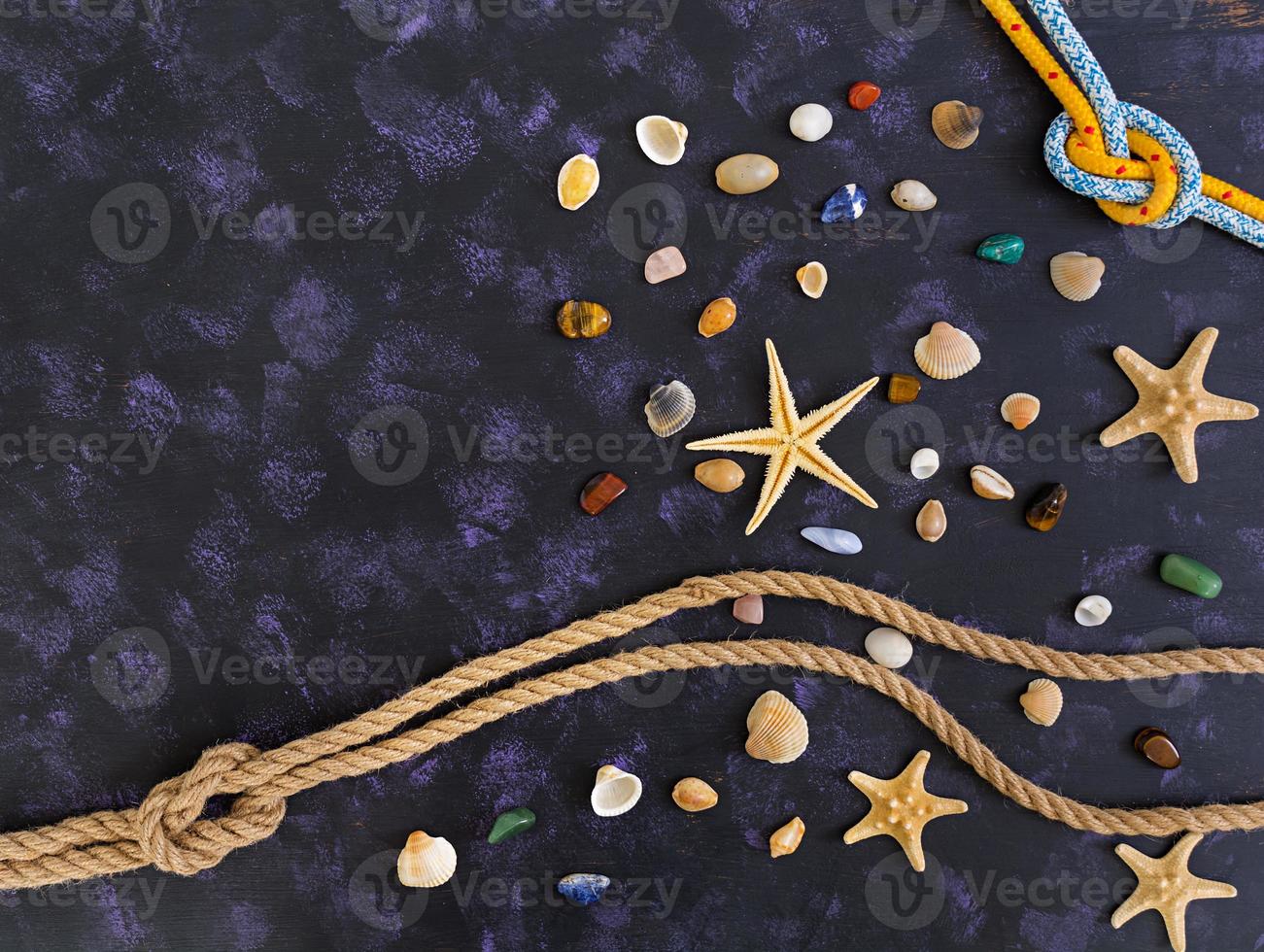 Seashell, starfish and rope on dark background. Top view photo