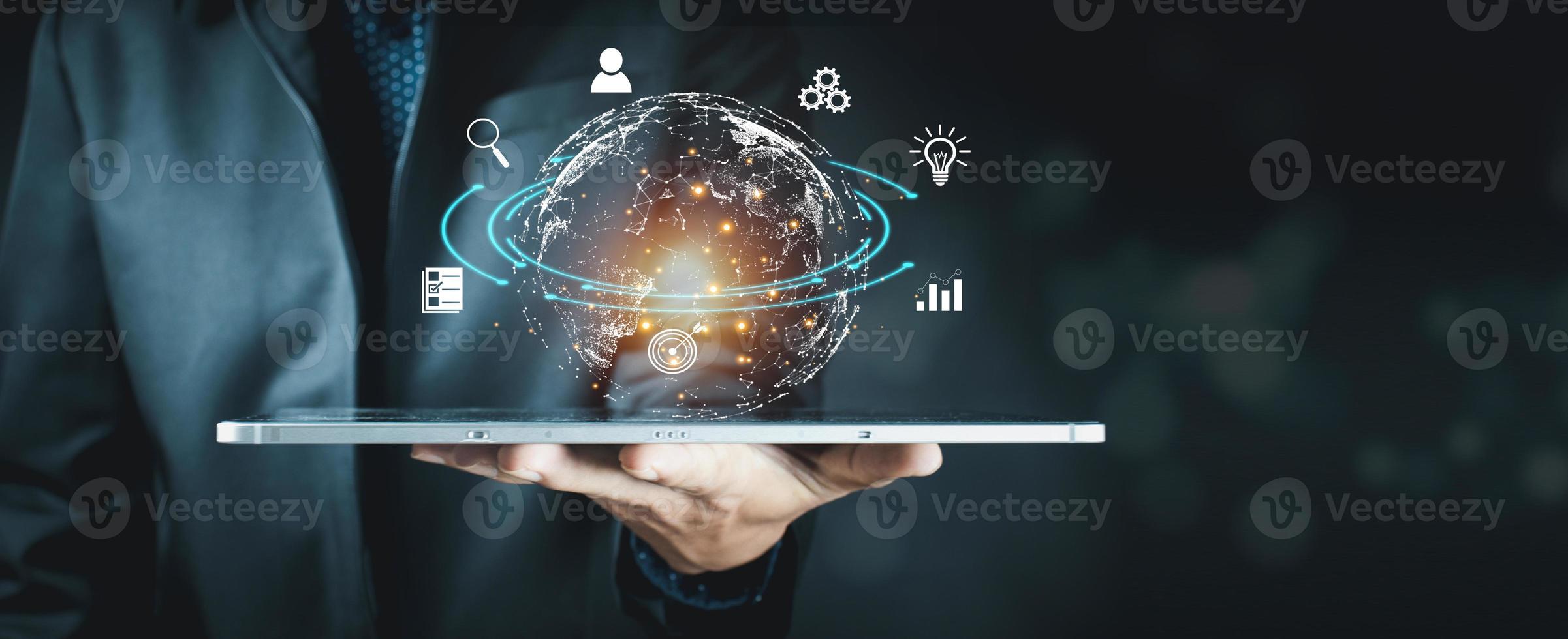 Business people using smart tablet computers, business technology, global internet connection and digital marketing, finance and banking, digital link technology. photo