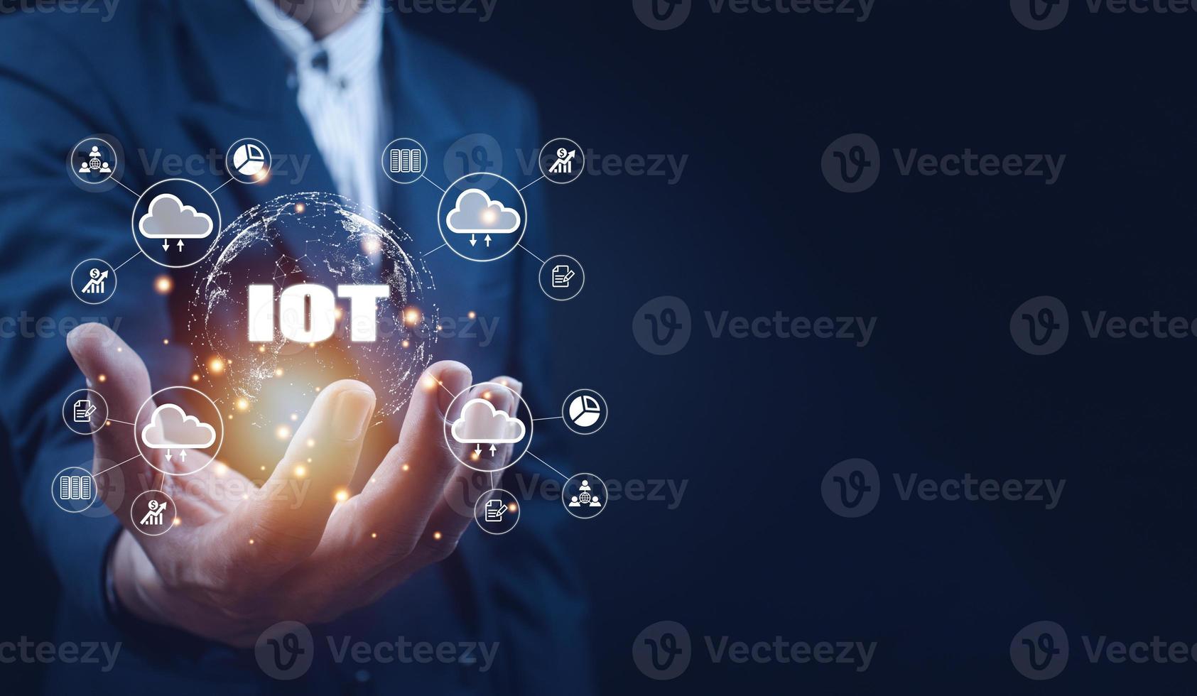 Businessman hand shows a block diagram of internet of things .  New Technologies and Business Process Strategies, Operations Automation, Customer Service Management, Cloud Computing. photo