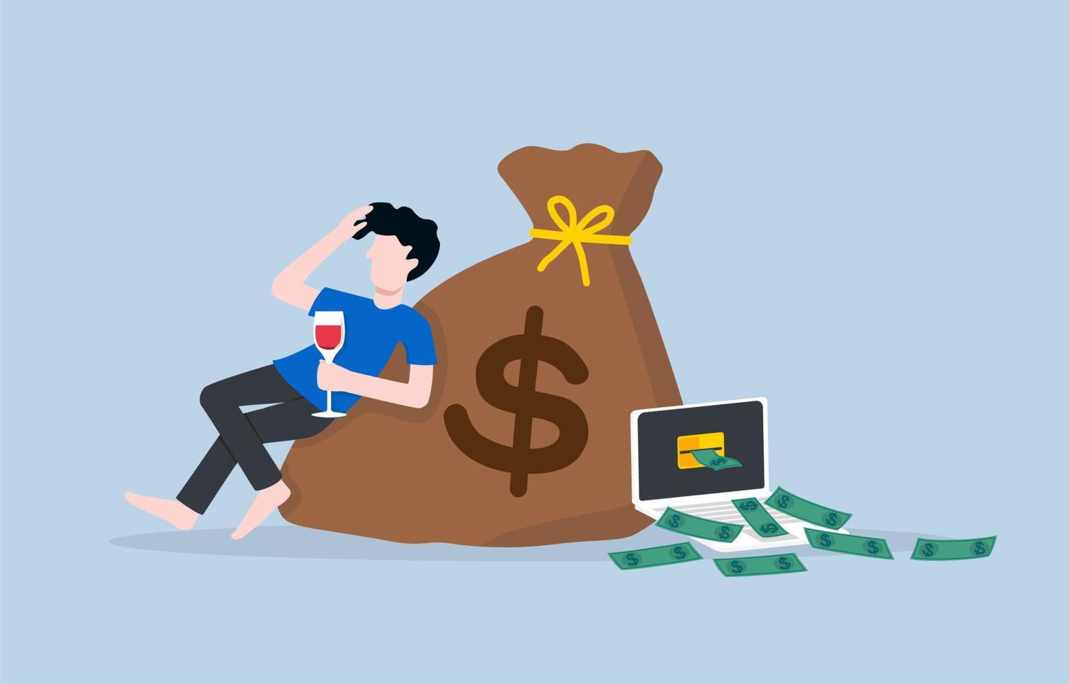 Success in online business or electronic commerce, passive income concept. Relaxed young man sipping wine and leaning against money bag while many banknotes coming out of laptop screen. vector