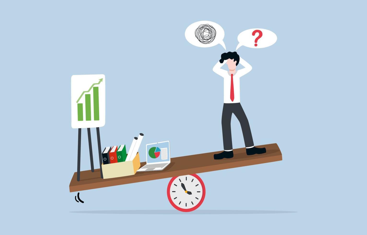 Inefficiency time management, overload, stress ,or burnout at work concept. Confused businessman and large amount of work on seesaw comparing on seesaw lying on timer clock. vector