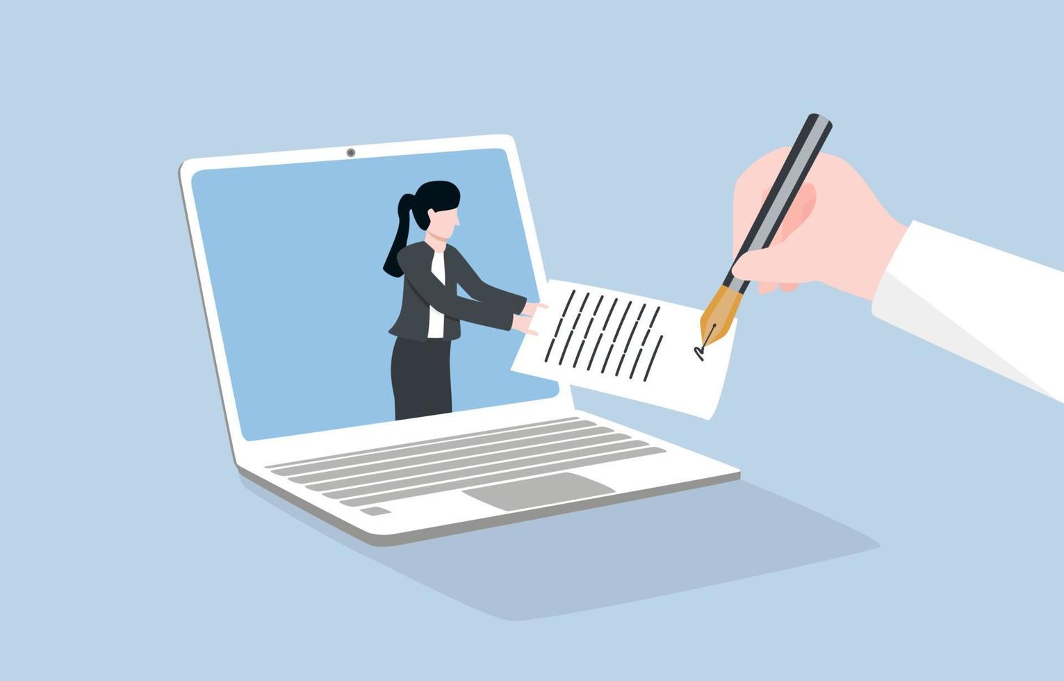 Remote working or work from anywhere, online signing autograph, distance business operation concept. Woman employee appearing on laptop screen and taking paper form for boss to sign. vector