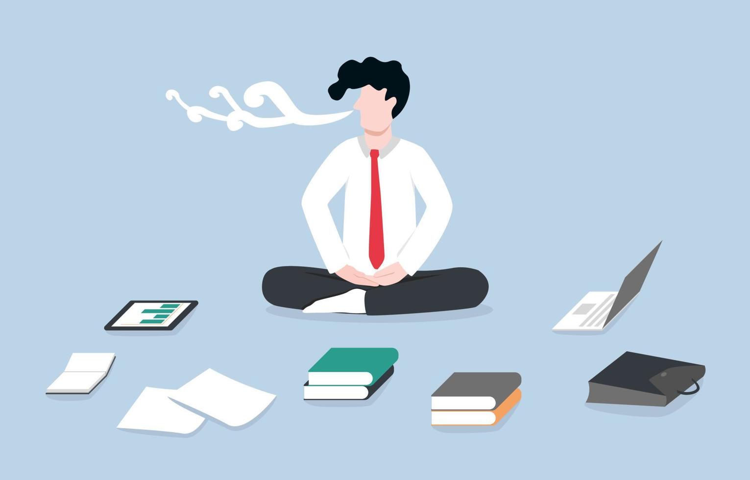 Take deep breath to clear distracting mind, focusing one's awareness on present concept. Businessman practicing mindfulness meditation before doing work. vector