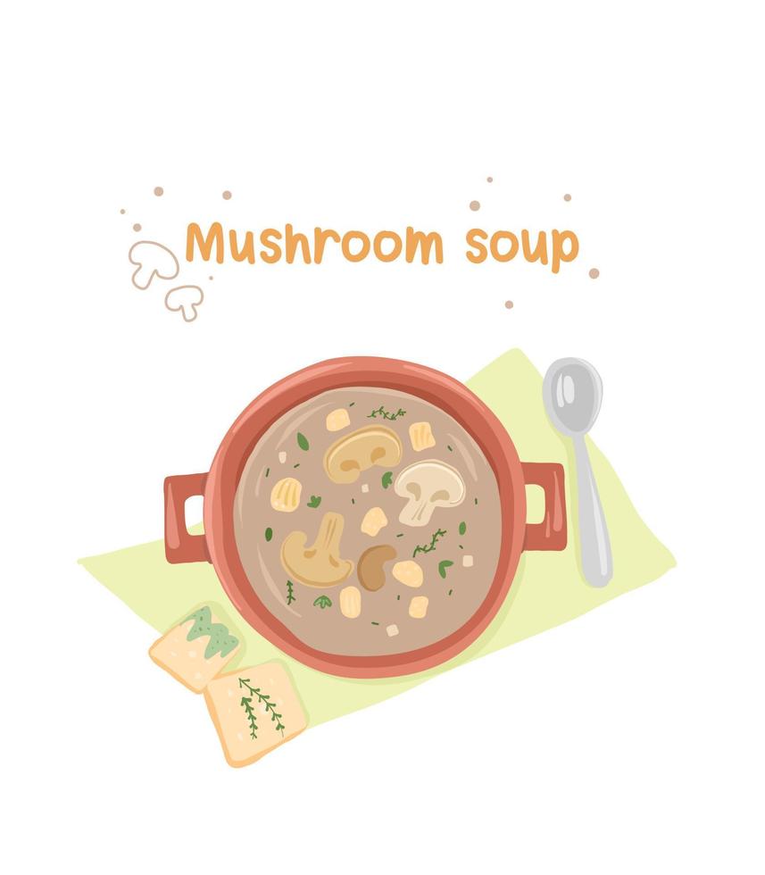 Mushroom soup puree. Vector illustration of fresh and dry mushroom and vegetable soup.