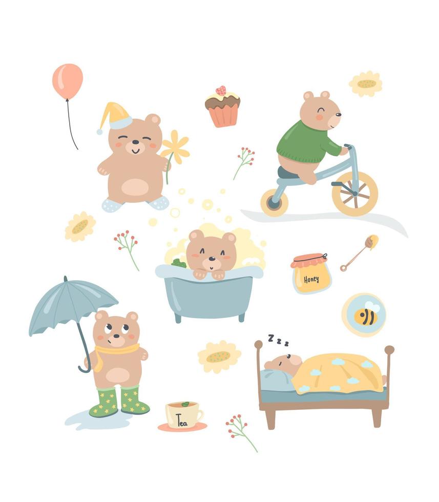 Drawn set of cute bear characters. Children's clipart. vector