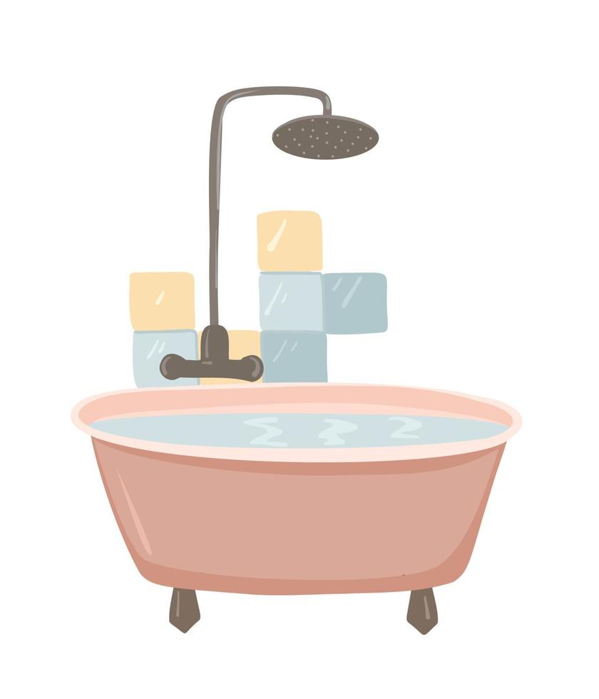 Ilustración de vector de bañera. baño rosa. ducha y baño.