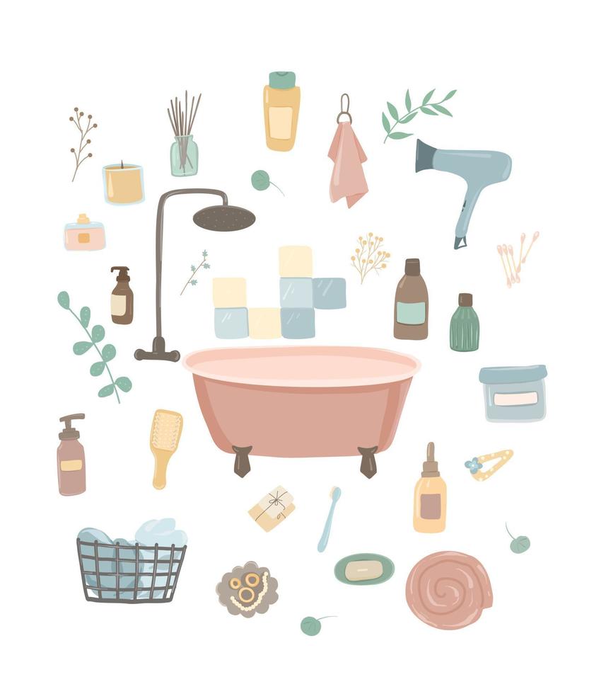 Bathroom. Care cosmetics and accessories. A set of cosmetics for hygiene items. vector